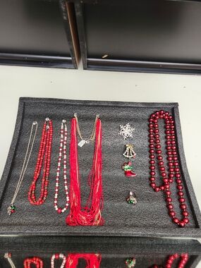 Festive Multi-Strand Red Beaded Necklace — Women's Jewelry Also 3 Brooches